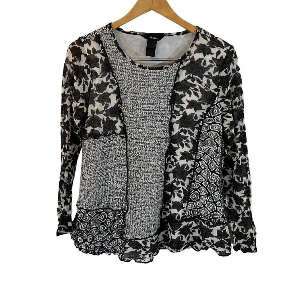 Ali Miles Textured Patchwork Blouse Medium Knit B… - image 1